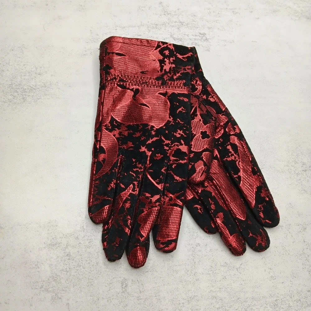 VTG Gloves S Black Metallic Red Floral Faux Fur Lined Holiday Party Whimsigoth